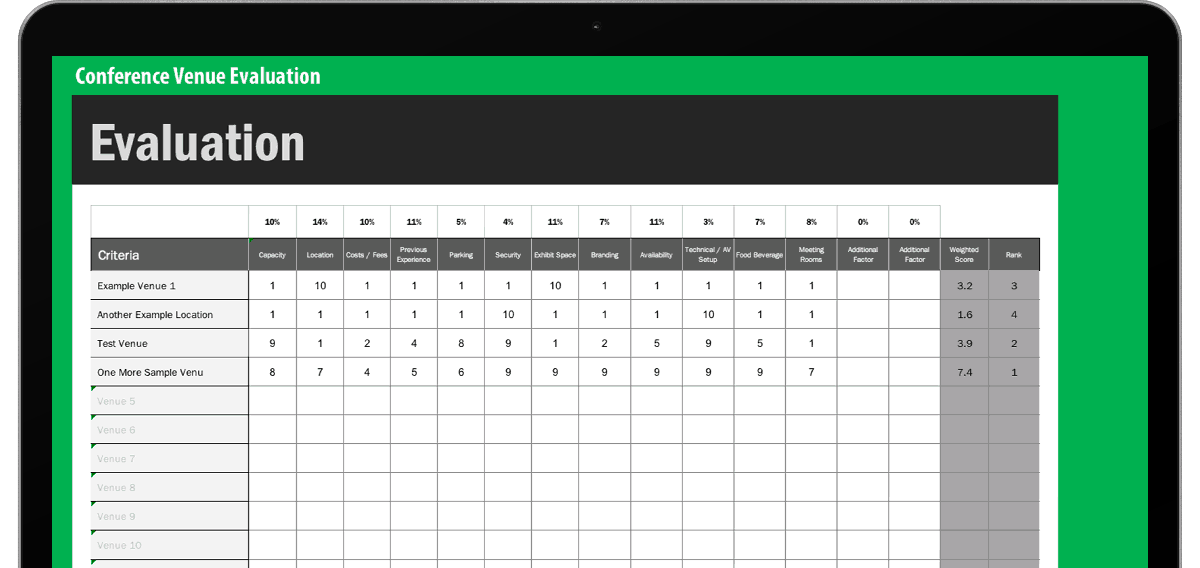 Conference Venue Evaluation Excel Screenshot