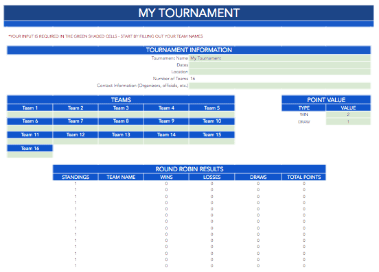 Round Robin 16 Team Bracket Template