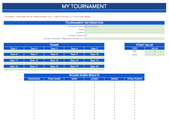 Round Robin 20 Team Bracket Template