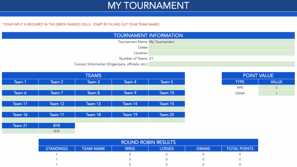 Round Robin Tournament Template - 21 Team