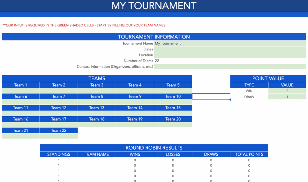 Round Robin Tournament Templates - 22 Team