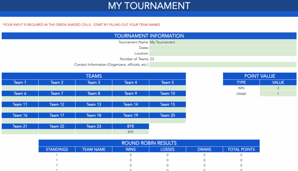 Round Robin Tournament Templates - 23 Team