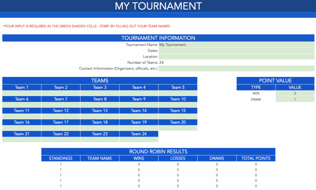 Round Robin Tournament Templates - 24 Team