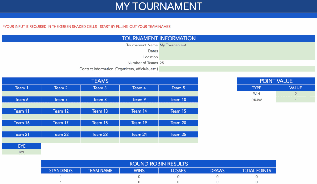 Round Robin Tournament Templates - 25 Team