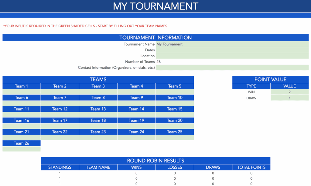 Round Robin Tournament Templates - 26 Team