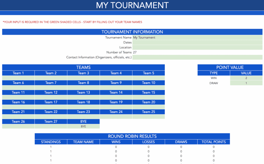 Round Robin Tournament Templates - 27 Team
