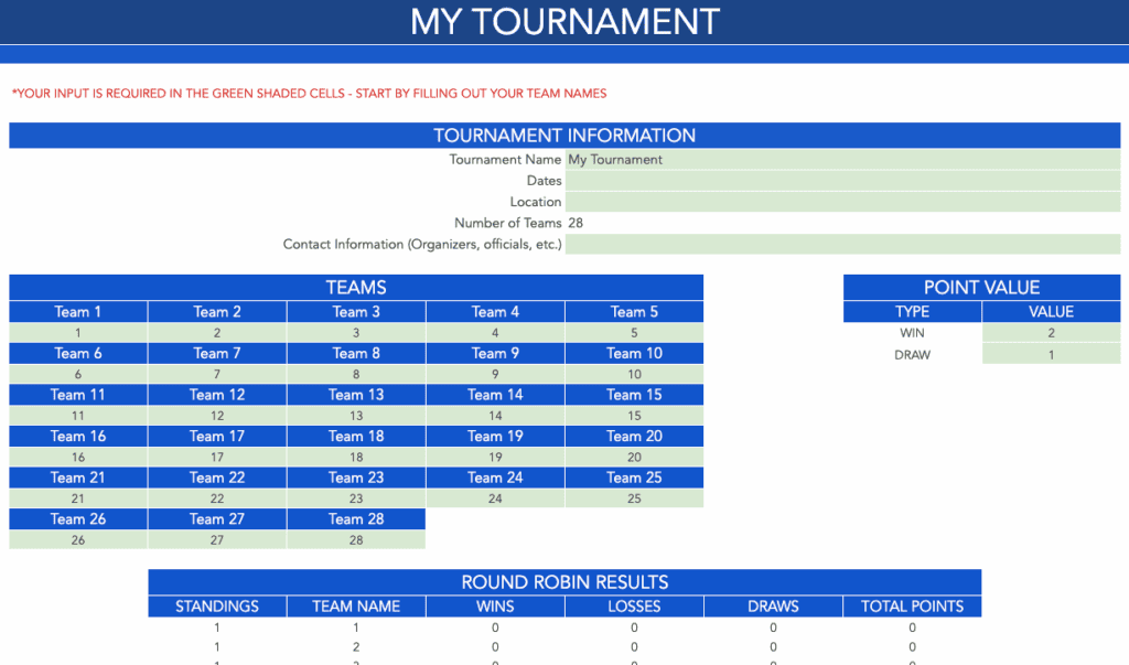 Round Robin Tournament Templates - 28 Team