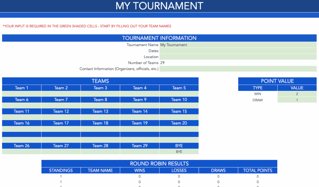 Round Robin Tournament Templates - 29 Team