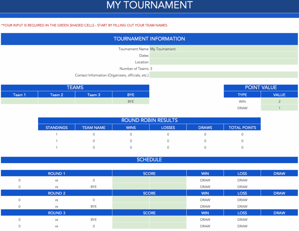 Round Robin Tournament Templates - 3 Team