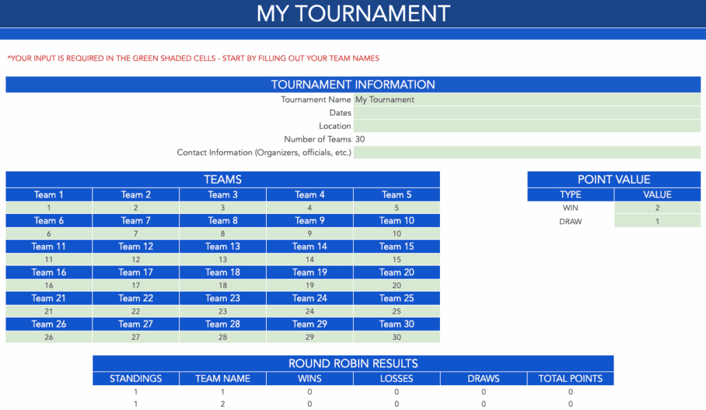 Round Robin Tournament Templates - 30 Team