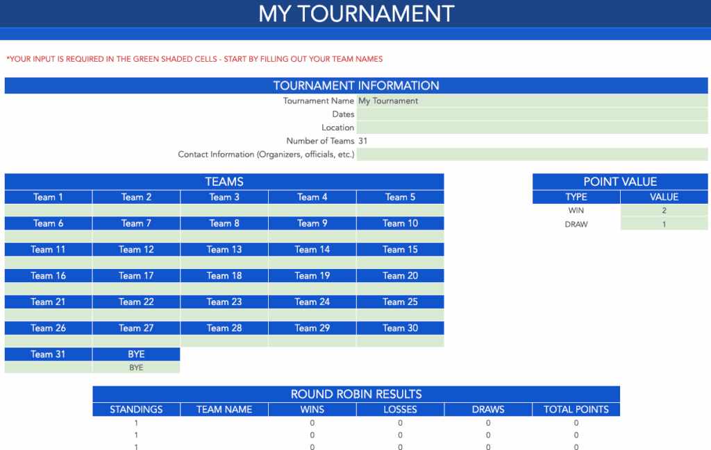 Round Robin Tournament Templates - 31 Team