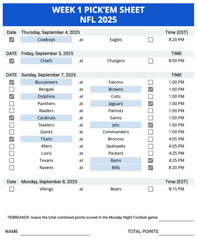 Weekly Nfl Pick'Em Templates Excel &Amp; Google Sheets